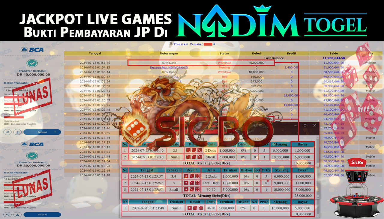 NADIMTOGEL JACKPOT LIVE GAME SICBO DICE , Rp.60,000,000- LUNAS