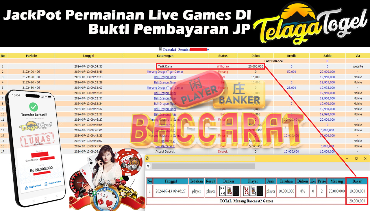 TELAGATOGEL JACKPOT LIVE GAME Baccarat Games2 Rp 20,000,000,- LUNAS