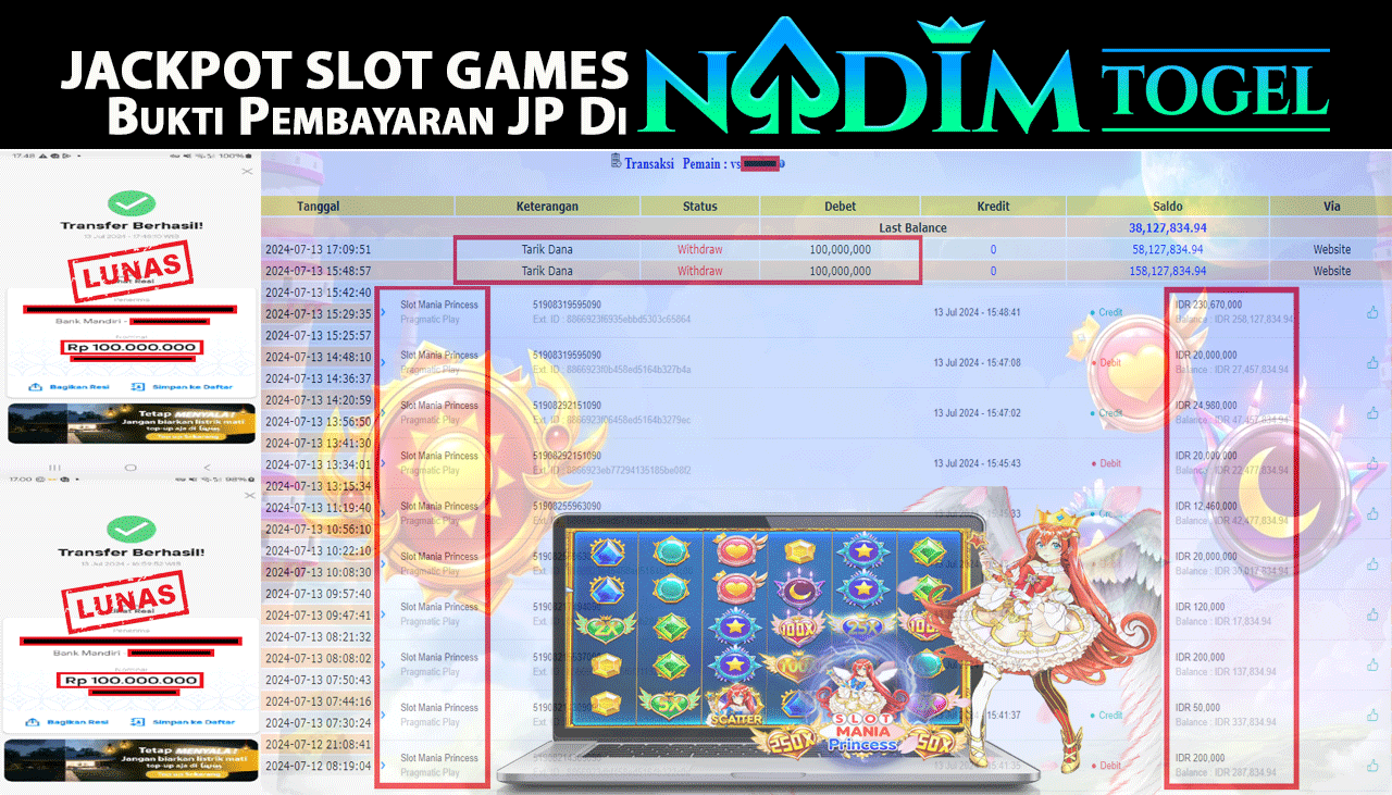 NADIMTOGEL JACKPOT SLOT MANIA PRINCESS Rp 200,000,000,- LUNAS
