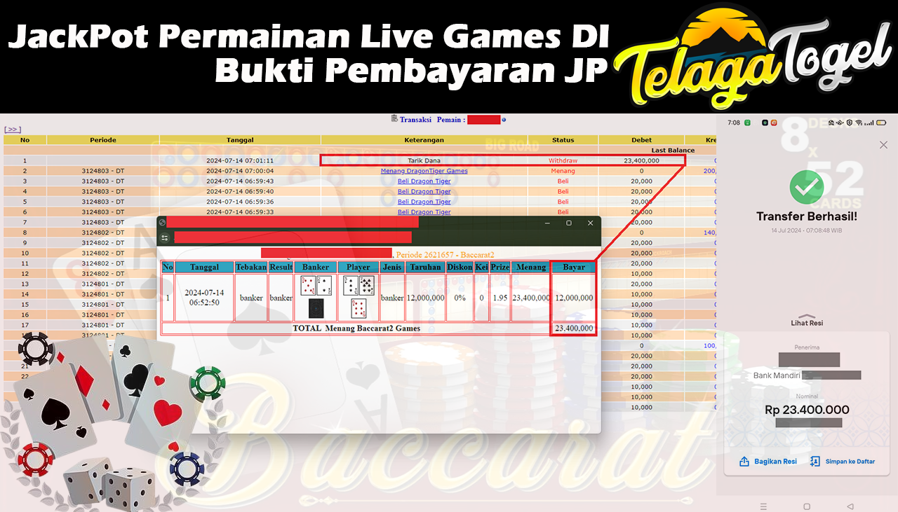 TELAGATOGEL JACKPOT LIVE GAME Baccarat 2 Games Rp 23,400,000,- LUNAS