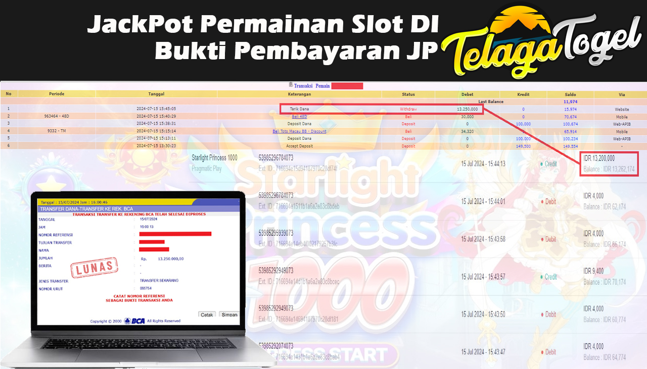 TELAGATOGEL JACKPOT SLOT GAME Starlight Princess 1000 Rp.13,250,000,- LUNAS
