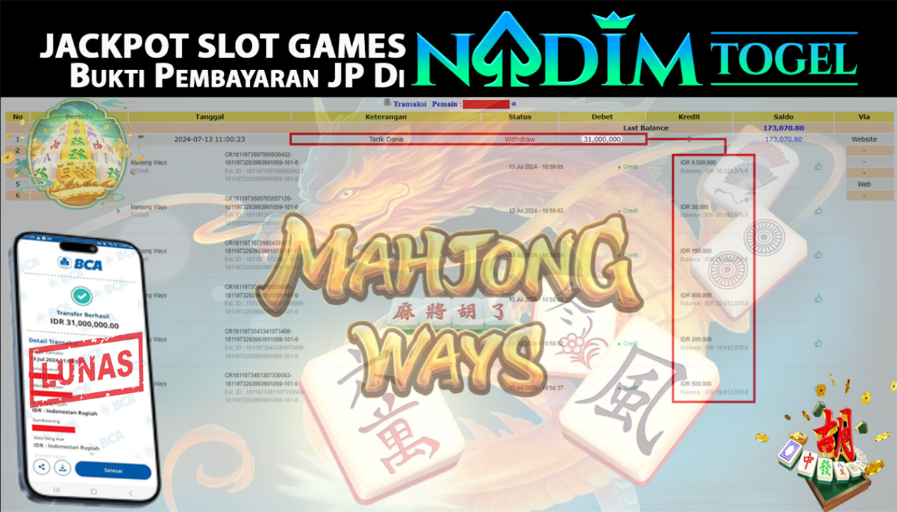 NADIMTOGEL JACKPOT SLOT MAHJONG WAYS Rp.31.000.000,- LUNAS