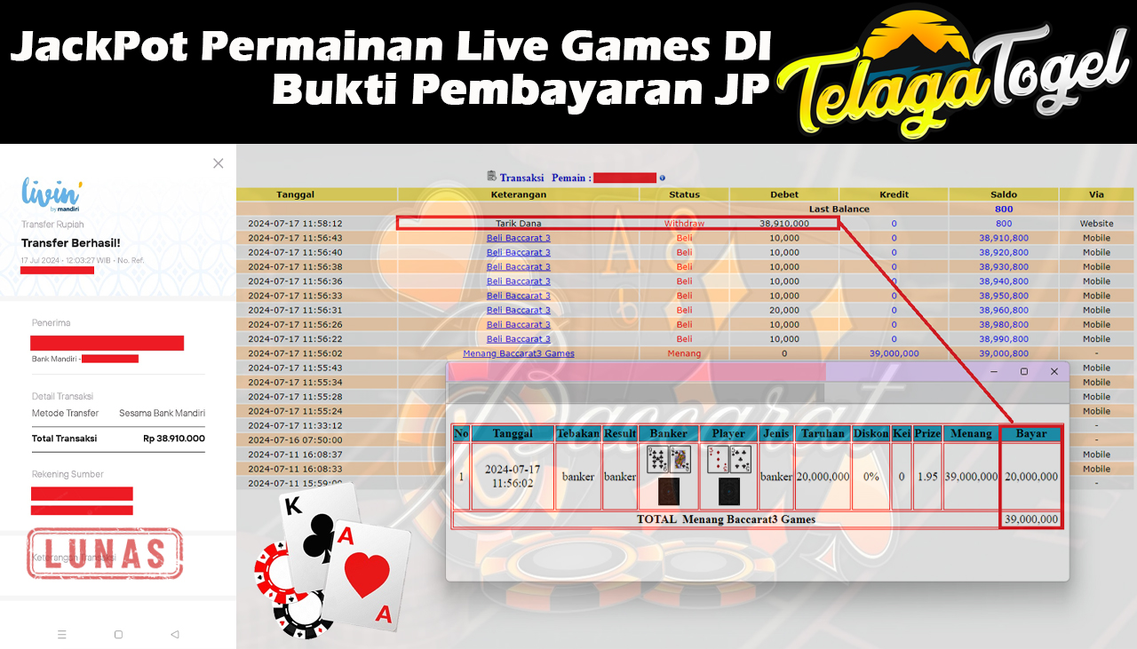 TELAGATOGEL JACKPOT LIVE GAME Baccarat 3 Games Rp,38,910,000- LUNAS