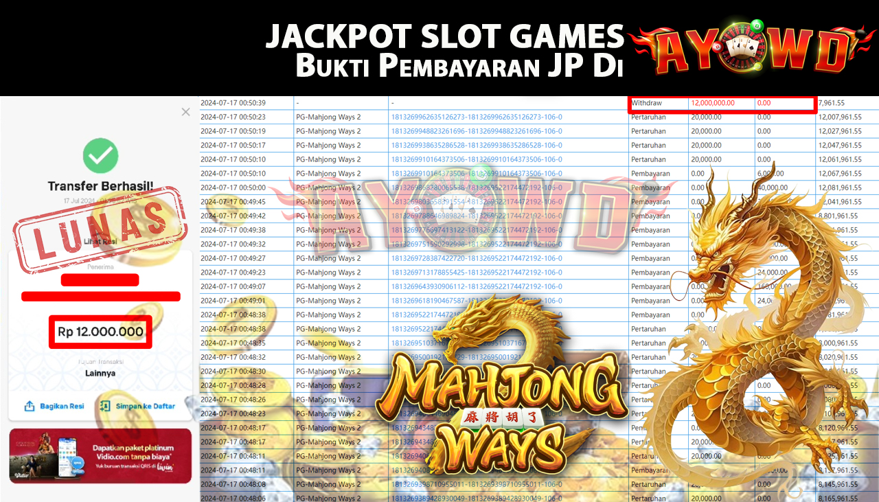 AYOWD JACKPOT SLOT GAME PG-Mahjong Ways 2 Rp,12,000,000 LUNAS