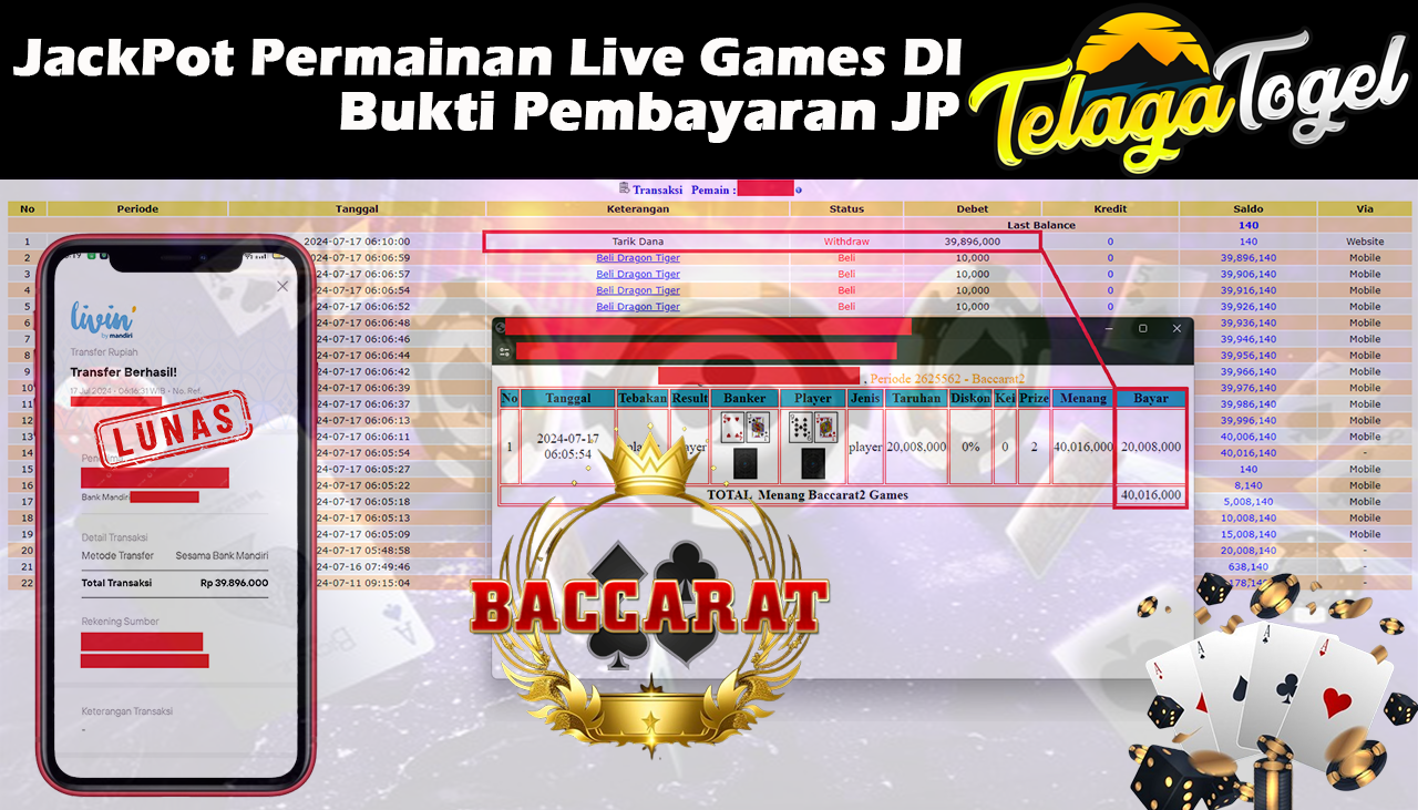 TELAGATOGEL JACKPOT LIVE GAME Baccarat 2 Games Rp,39,896,000- LUNAS