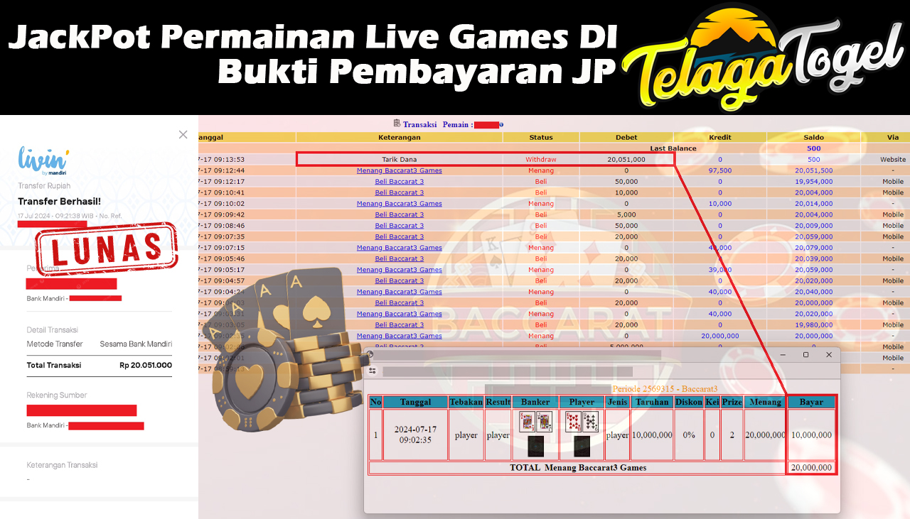 TELAGATOGEL JACKPOT LIVE GAME Baccarat Games Rp,20,051,000- LUNAS
