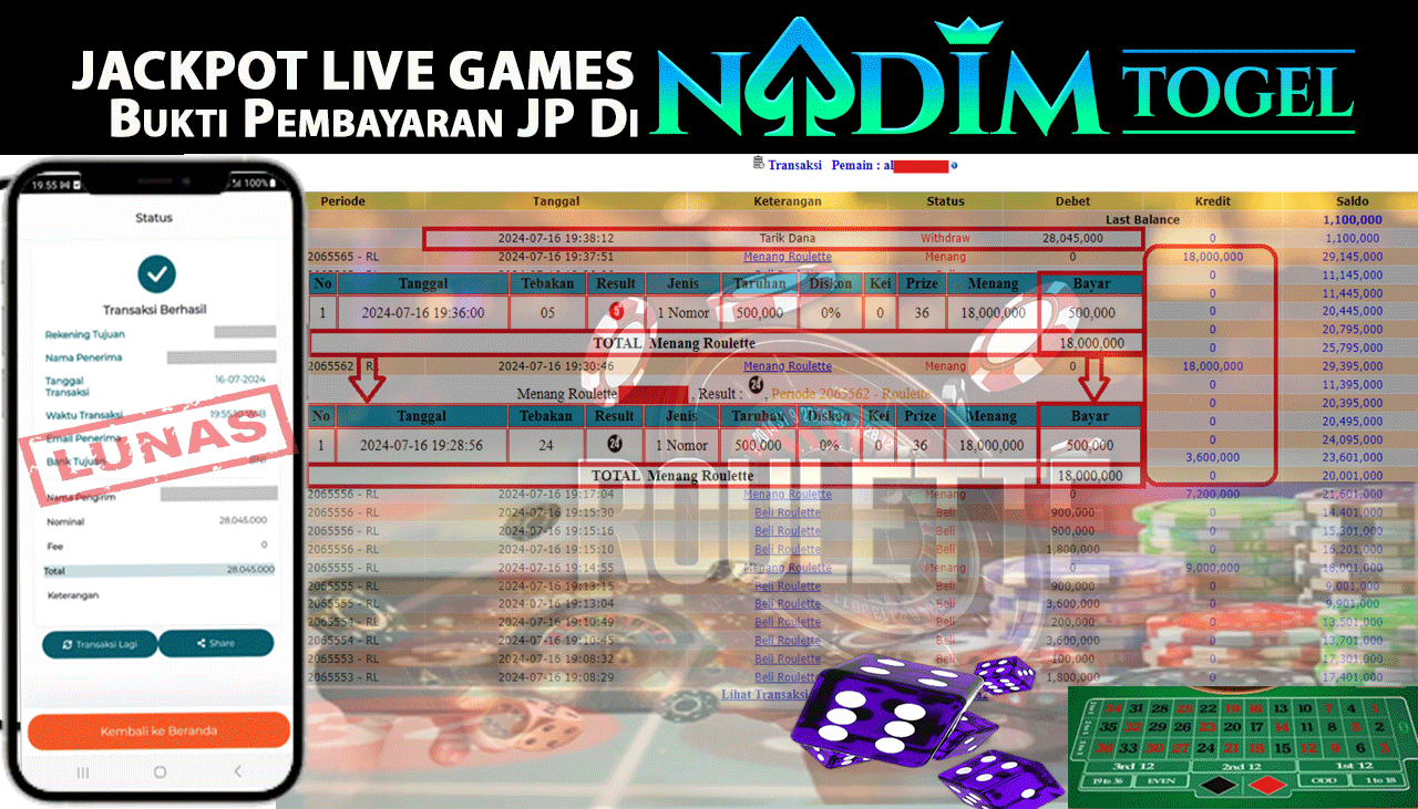 NADIMTOGEL JACKPOT LIVE Roulette , Rp-28,045,000 LUNAS