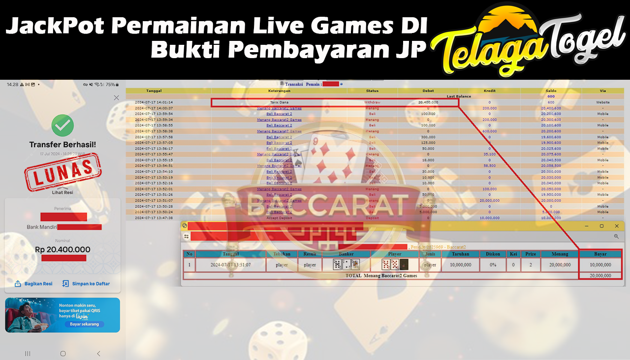 TELAGATOGEL JACKPOT LIVE GAME Baccarat 2 Games  Rp,20,400,000- LUNAS