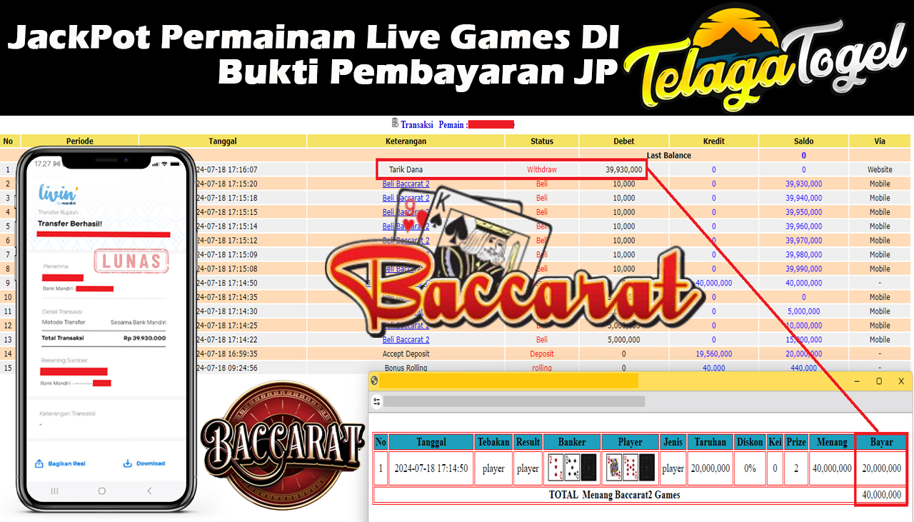 TELAGATOGEL JACKPOT LIVE GAME Baccarat 2 Games  Rp,39,930,000 - LUNAS