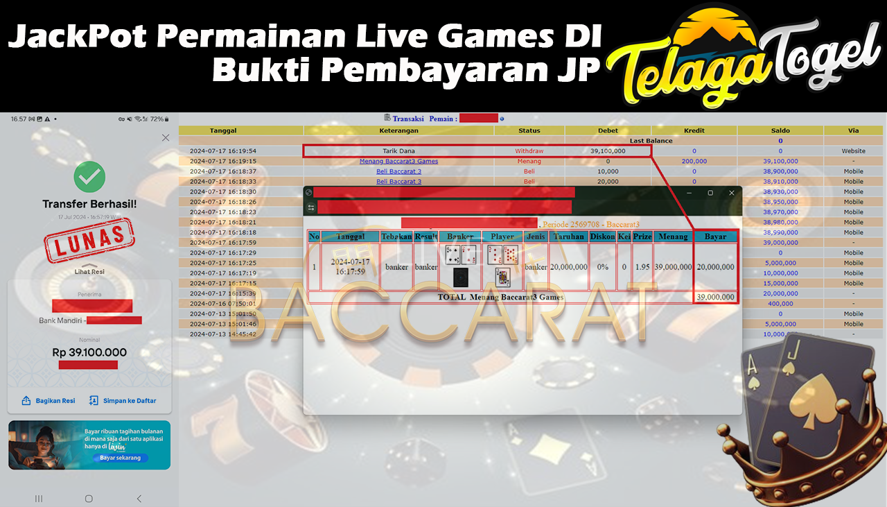 TELAGATOGEL JACKPOT LIVE GAME Baccarat 3 Games  Rp,39,100,000- LUNAS