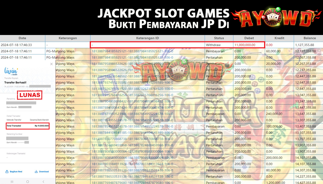 AYOWD JACKPOT SLOT GAME PG-Mahjong Ways Rp,11,000,000 LUNAS