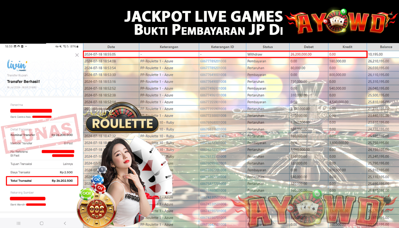 AYOWD JACKPOT LIVE GAME PP-Roulette 1 - Azure Rp, 26,200,000 LUNAS