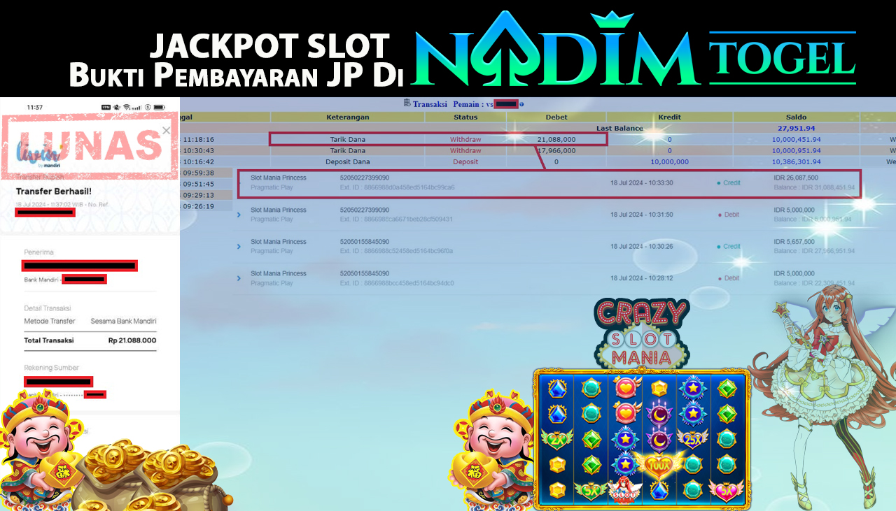 NADIMTOGEL JACKPOT SLOT MANIA PRINCESS Rp 21,088,000,- LUNAS