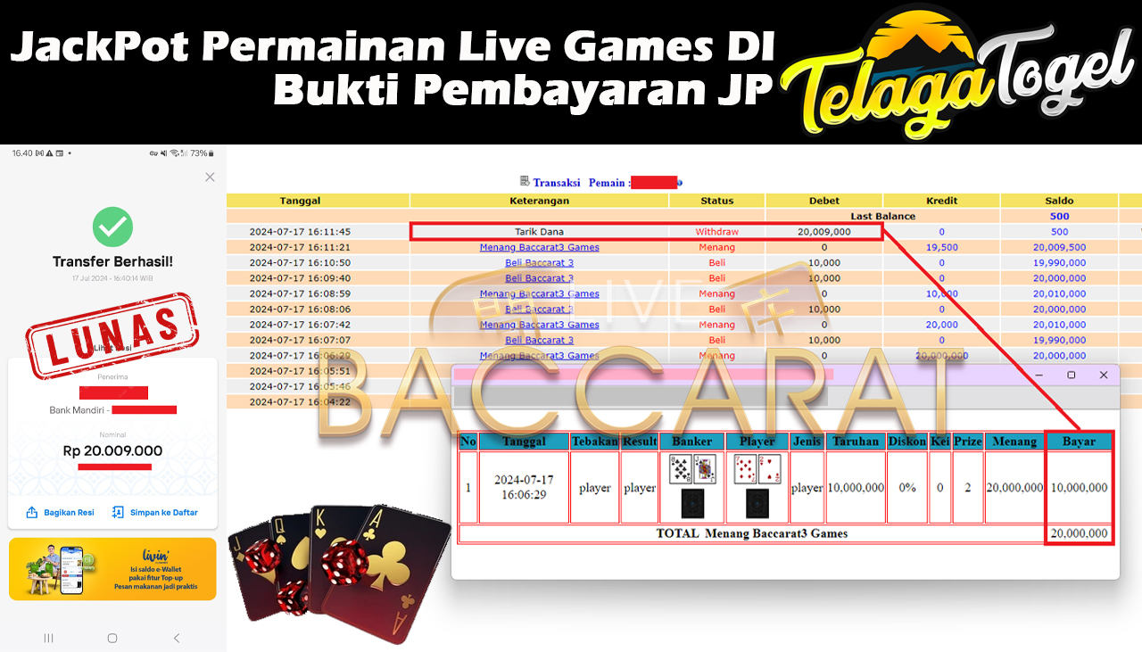 TELAGATOGEL JACKPOT LIVE GAME Baccarat 3 Games  Rp,20,009,000- LUNAS