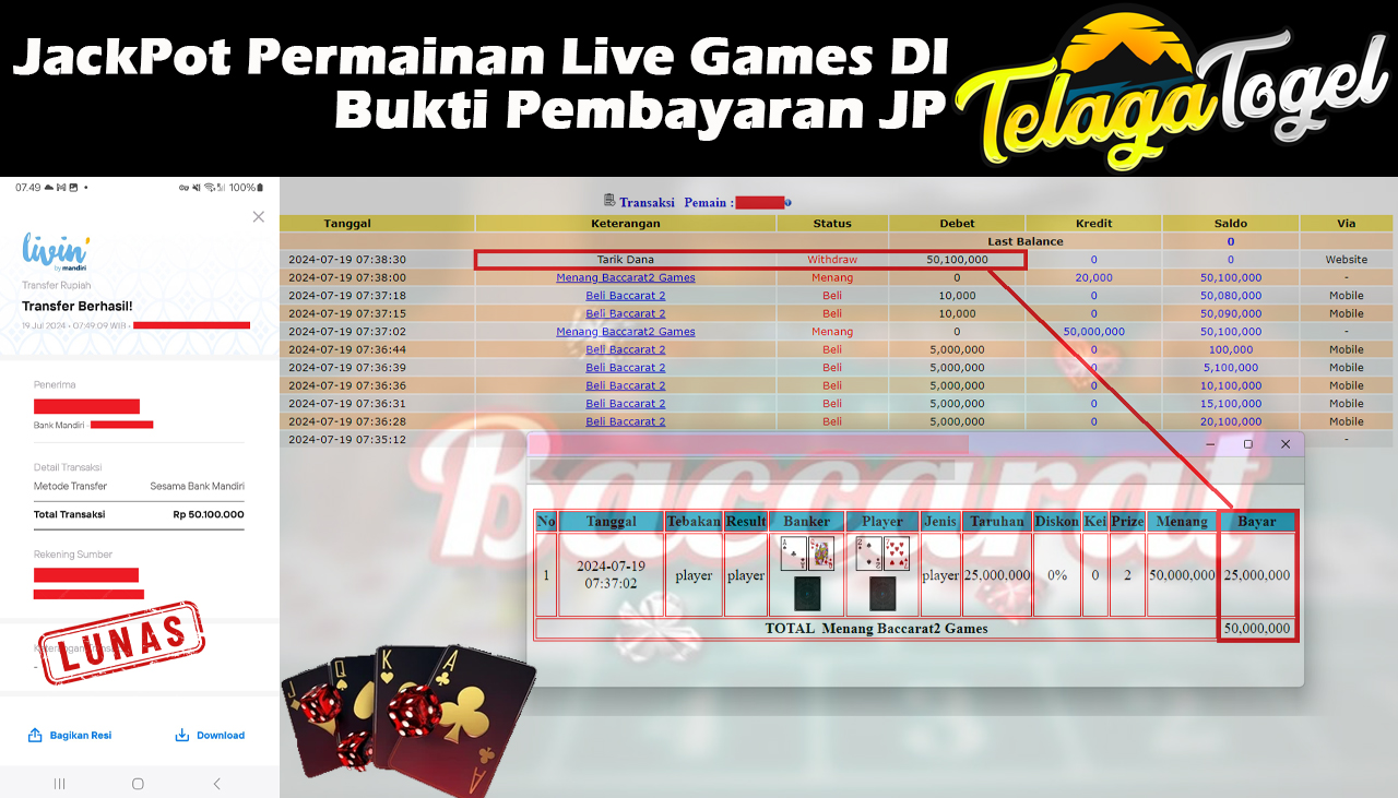 TELAGATOGEL JACKPOT LIVE GAME Baccarat 2 Games Rp,50,100,000- LUNAS