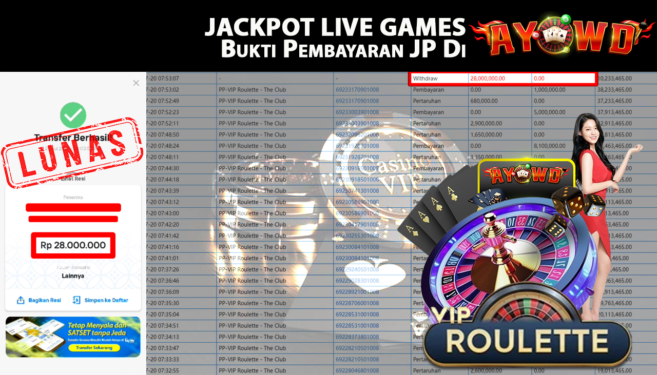 AYOWD JACKPOT LIVE GAME PP-VIP Roulette - The Club Rp,28,000,000 LUNAS