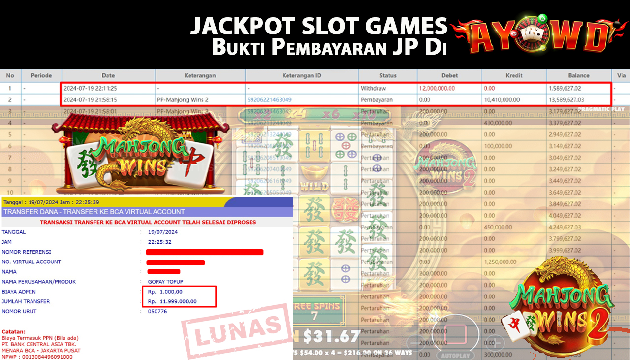 AYOWD JACKPOT SLOT GAME PP-Mahjong Wins 2 Rp,12,000,000 LUNAS