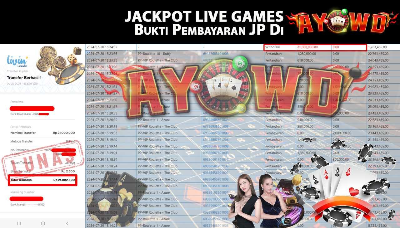 AYOWD JACKPOT LIVE GAME PP-VIP Roulette - The Club & PP-Roulette 1 - Azure Rp,21,000,000 LUNAS