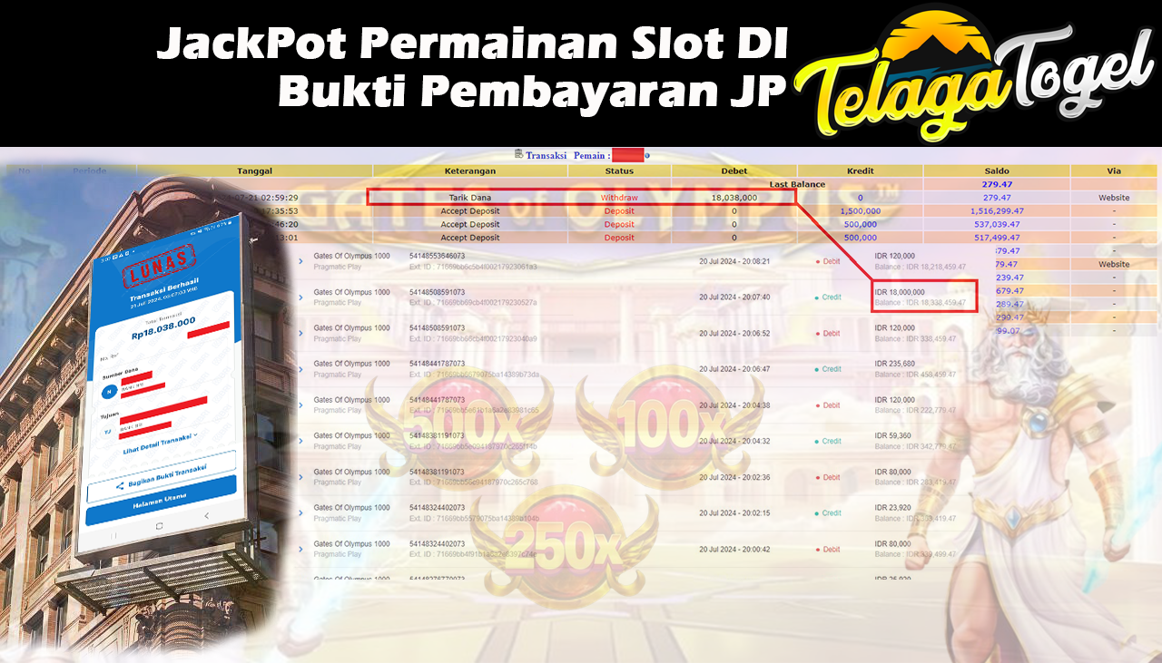 TELAGATOGEL JACKPOT SLOT GAME Gates Of Olympus 1000 Rp.18,038,000,- LUNAS