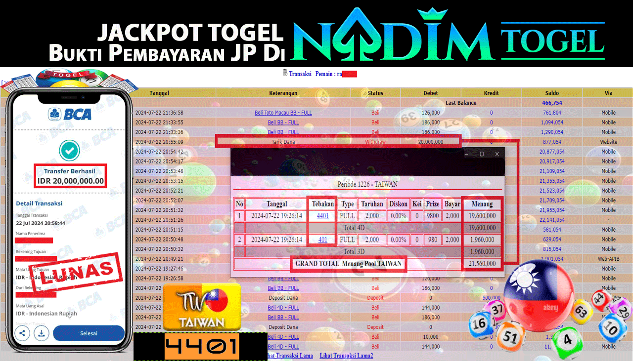 NADIMTOGEL JACKPOT TOGEL PASARAN TAIWAN Rp 20,00,000,- LUNAS