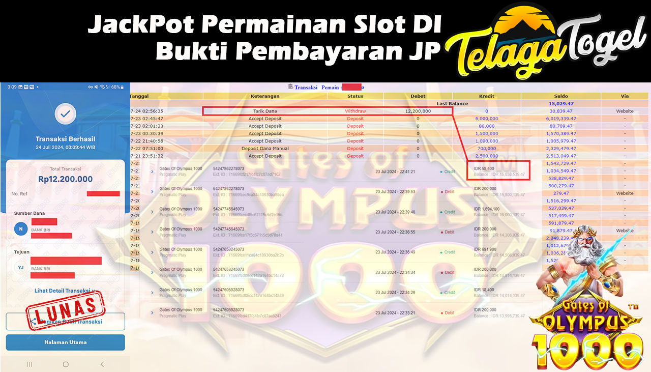 TELAGATOGEL JACKPOT SLOT GAME Gates Of Olympus 1000 Rp.12,200,000,- LUNAS