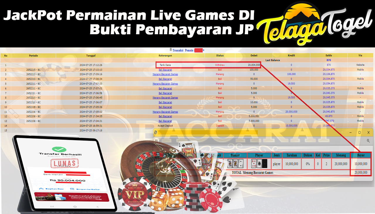 TELAGATOGEL JACKPOT LIVE GAME Baccarat  Games Rp,20,004,000-  LUNAS