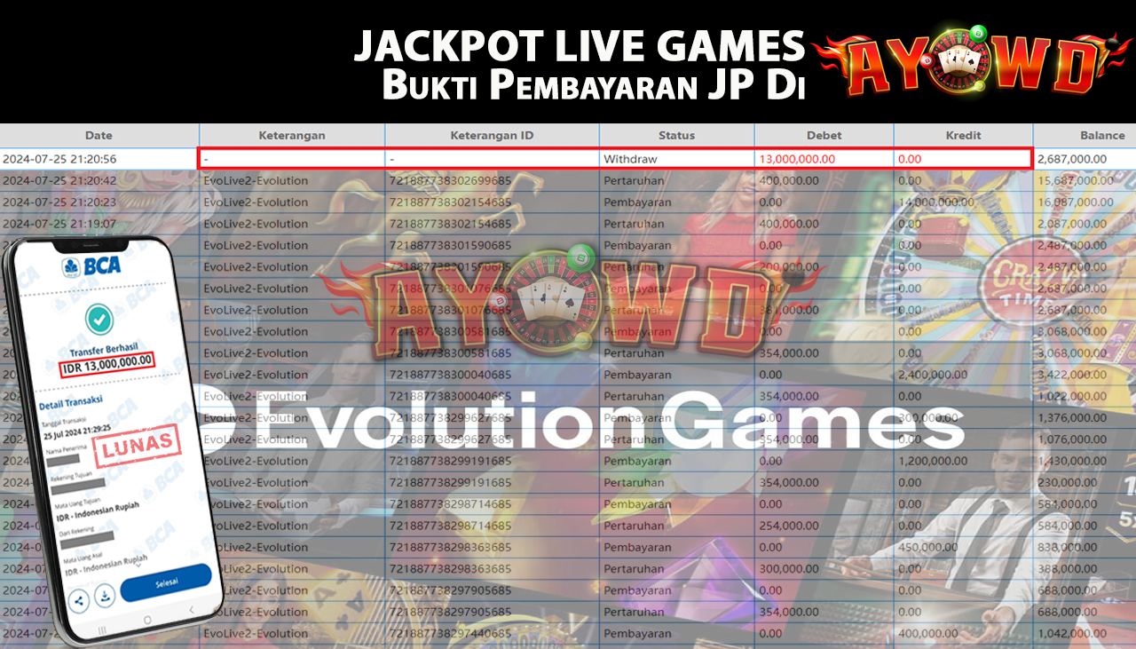 AYOWD JACKPOT LIVE GAME EvoLive2-Evolution  Rp,13,000,000 LUNAS