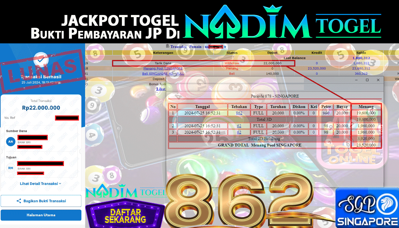 NADIMTOGEL JACKPOT TOGEL PASARAN SINGAPORE POOLS Rp.22.000.000,- LUNAS