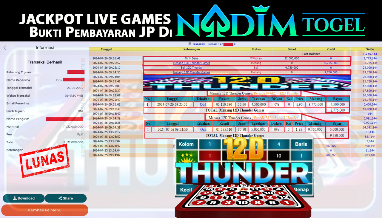 NADIMTOGEL JACKPOT LIVEGAMES 12D THUNDER Rp.32.000.000,- LUNAS