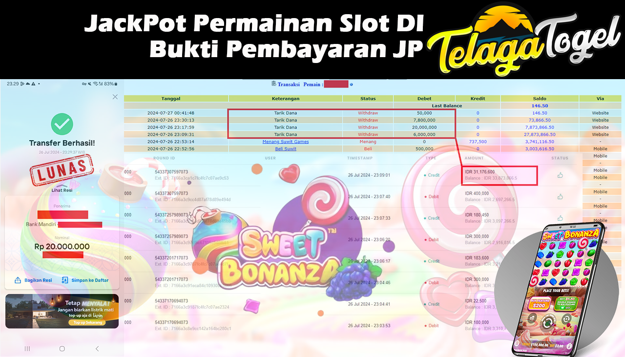 TELAGATOGEL JACKPOT SLOT GAME Sweet Bonanza 1000 Rp.20,000,000,- LUNAS