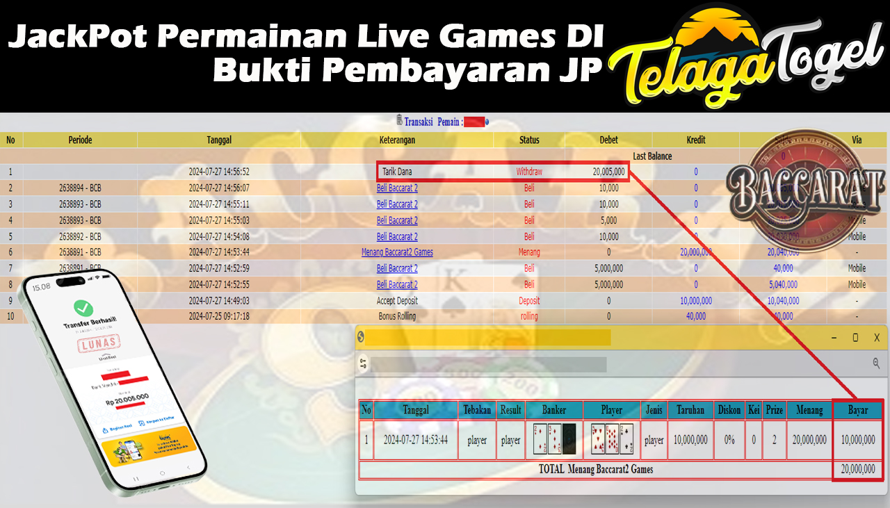 TELAGATOGEL JACKPOT LIVE GAME Baccarat 2 Games Rp,20,005,000-  LUNAS