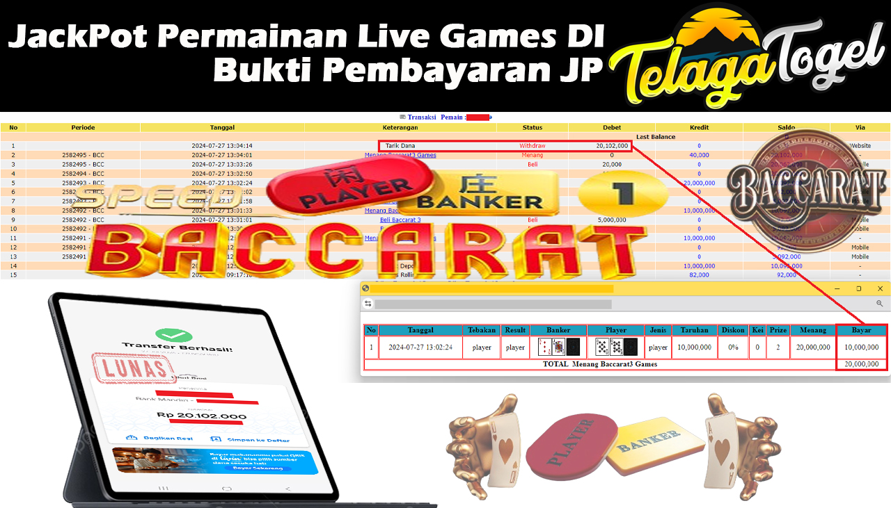 TELAGATOGEL JACKPOT LIVE GAME Baccarat 3 Games Rp,20,102,000-  LUNAS