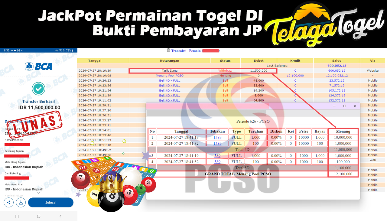 TELAGATOGEL JACKPOT TOGEL PCSO Rp.11,500,000,- LUNAS