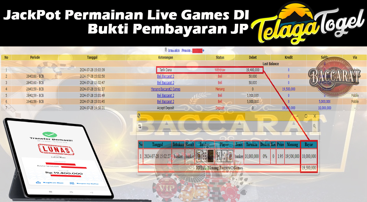 TELAGATOGEL JACKPOT LIVE GAME Baccarat 2 Games Rp,19,400,000-  LUNAS