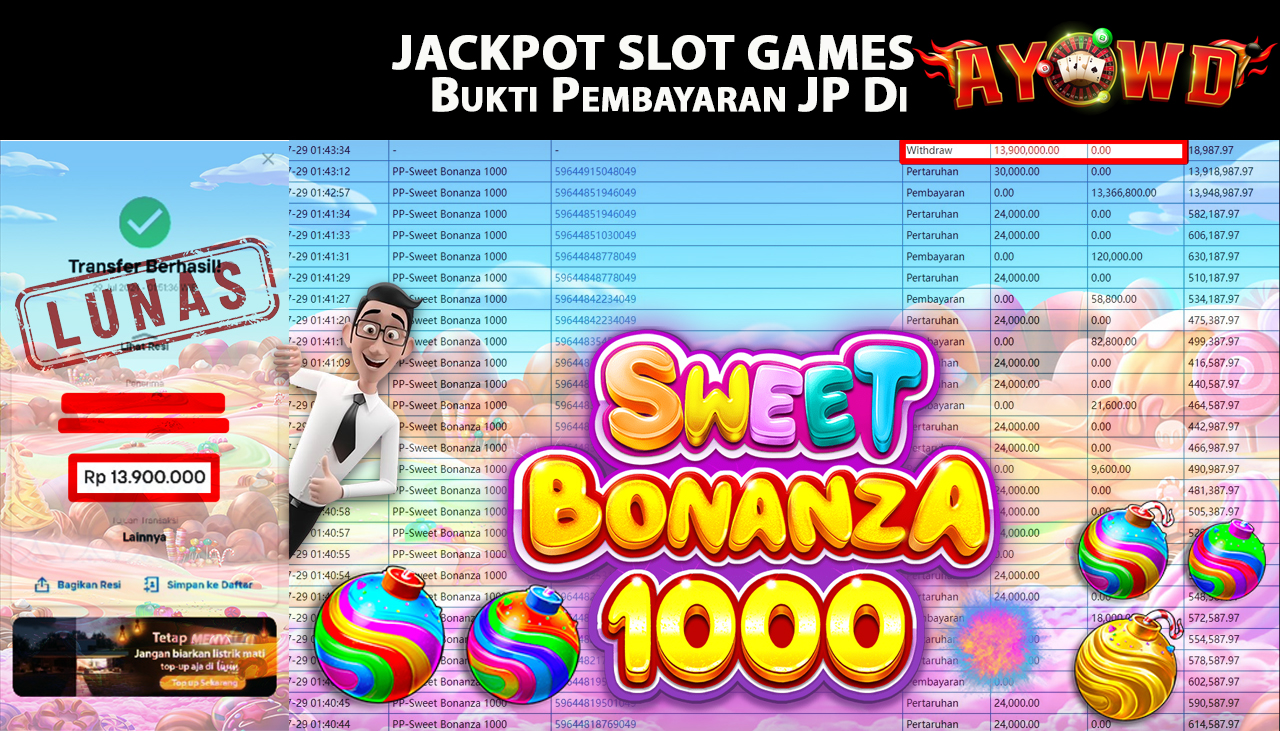AYOWD JACKPOT SLOT GAME PP-Sweet Bonanza 1000 Rp 13,900,000 LUNAS