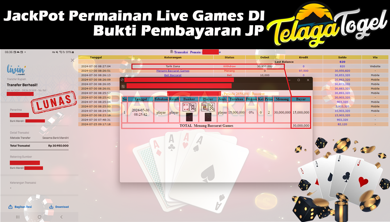 TELAGATOGEL JACKPOT LIVE GAME Baccarat 2 Games Rp,30,950,000-  LUNAS