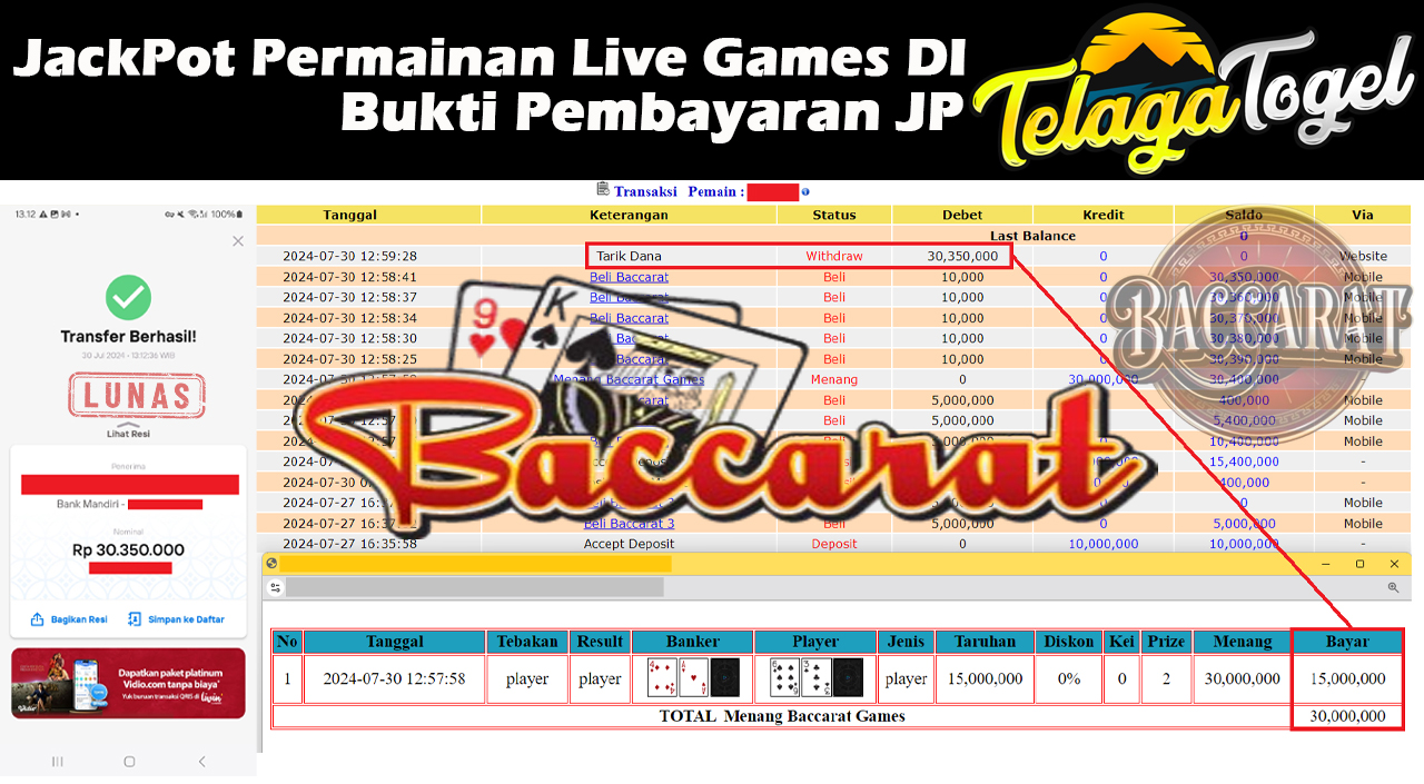 TELAGATOGEL JACKPOT LIVE GAME Baccarat Games Rp,30,350,000,-  LUNAS