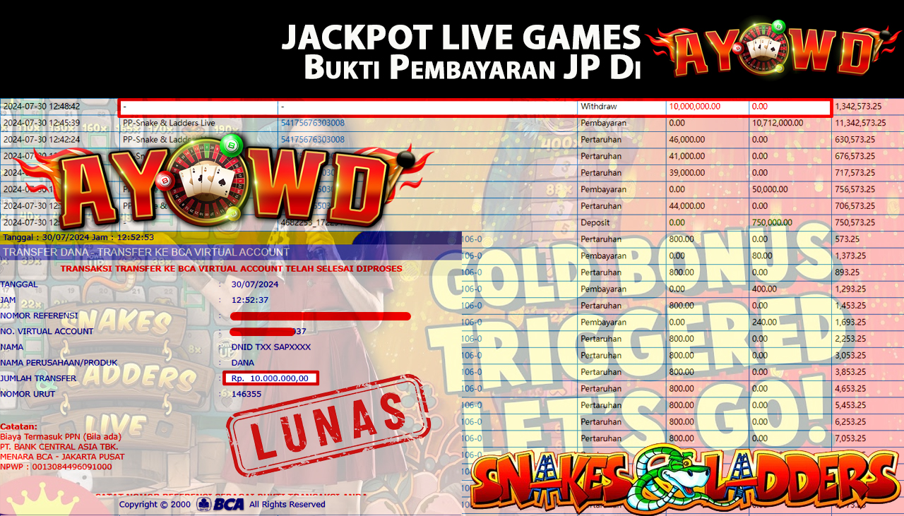 AYOWD JACKPOT LIVE GAME PP-Snake & Ladders Live Rp 10,000,000 LUNAS