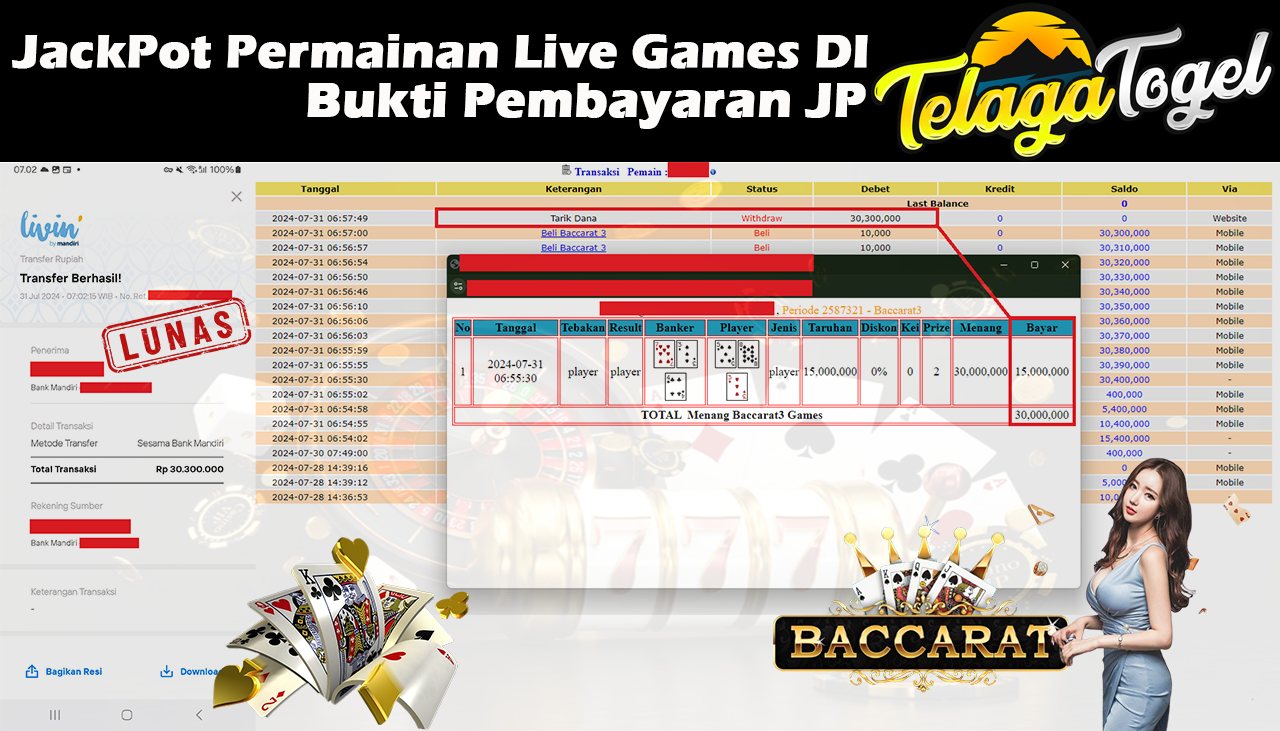 TELAGATOGEL JACKPOT LIVE GAME Baccarat 3 Games Rp,30,300,000,-  LUNAS