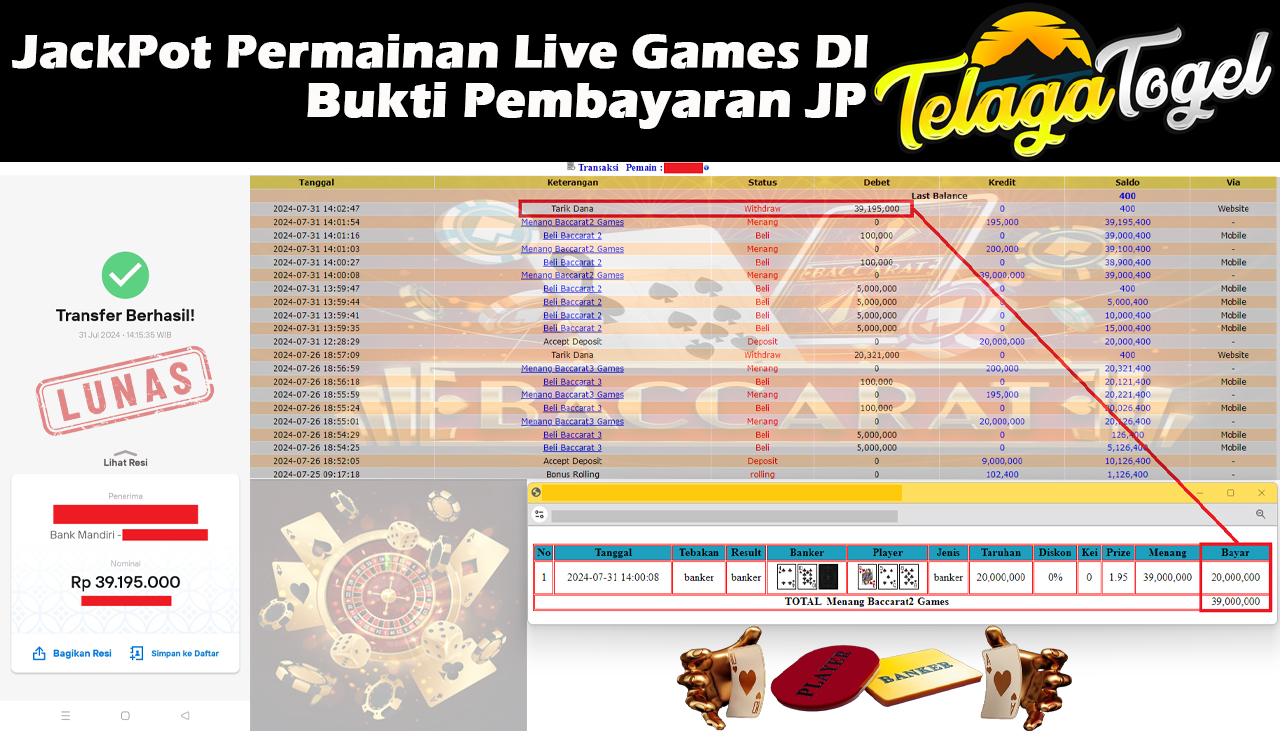 TELAGATOGEL JACKPOT LIVE GAME Baccarat 2 Games Rp,39,195,000 ,-  LUNAS