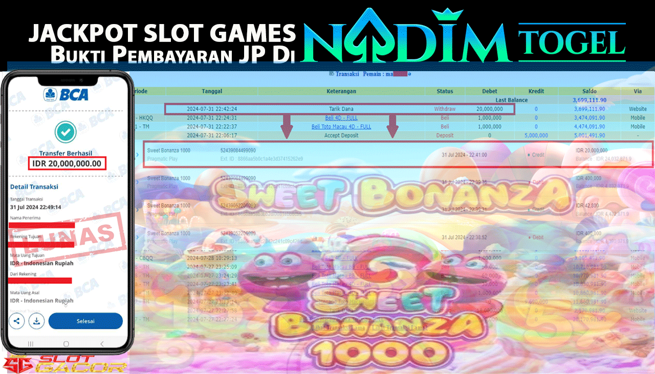 NADIMTOGEL JACKPOT SLOT GAME Sweet Bonanza 1000 Rp.20,000,000- LUNAS