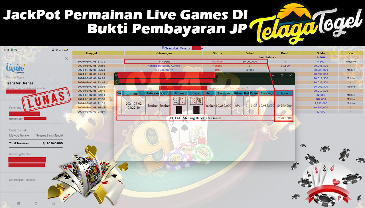 TELAGATOGEL JACKPOT LIVE GAME Baccarat 2 Games Rp20,040,000-  LUNAS