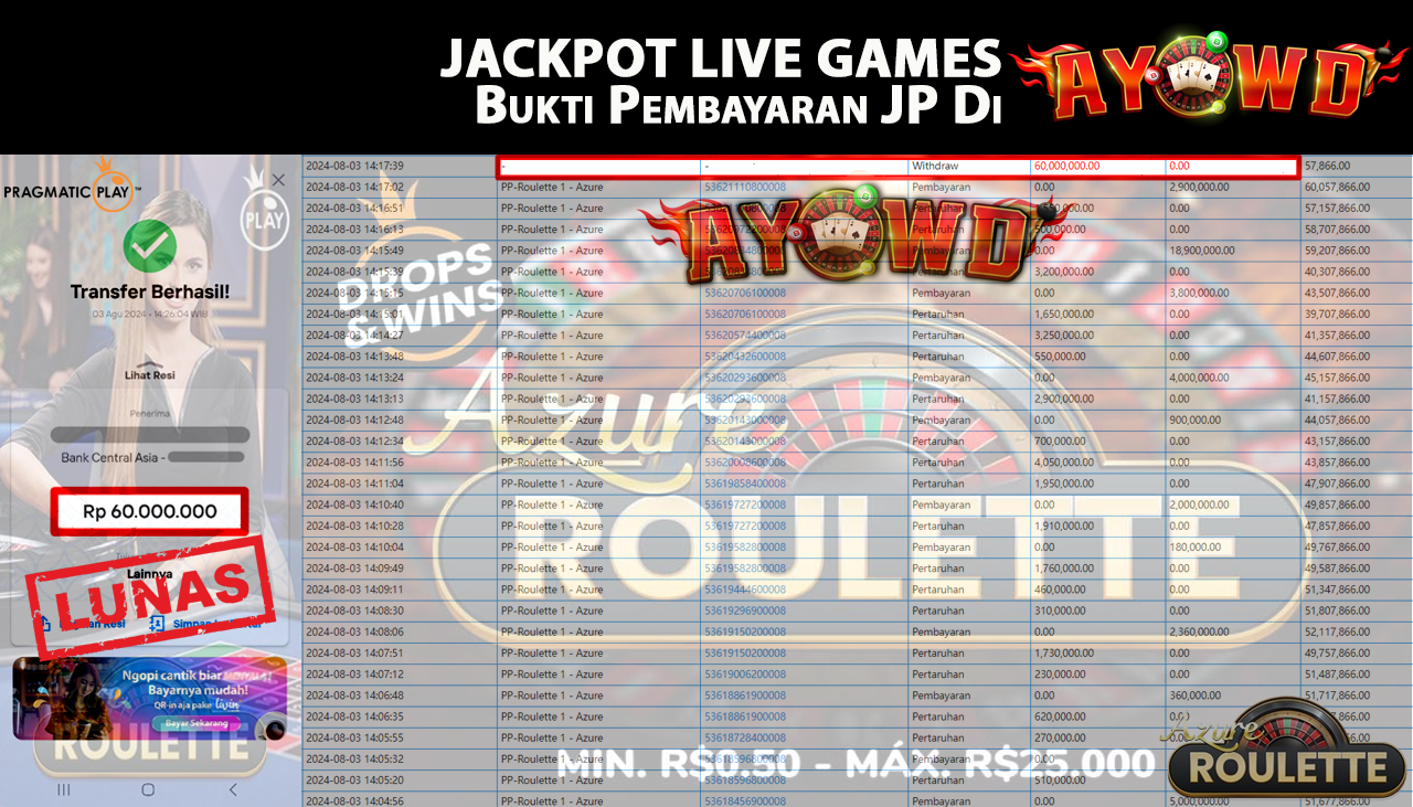 AYOWD JACKPOT LIVE GAME PP-Roulette 1 - Azure Rp,60,000,000 LUNAS