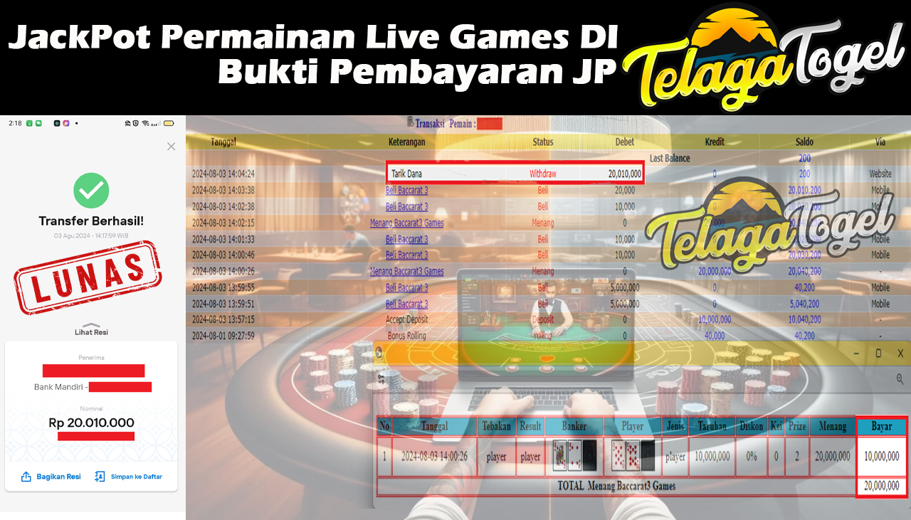 TELAGATOGEL JACKPOT LIVE GAME Baccarat 3 Games 20,010,000 -  LUNAS