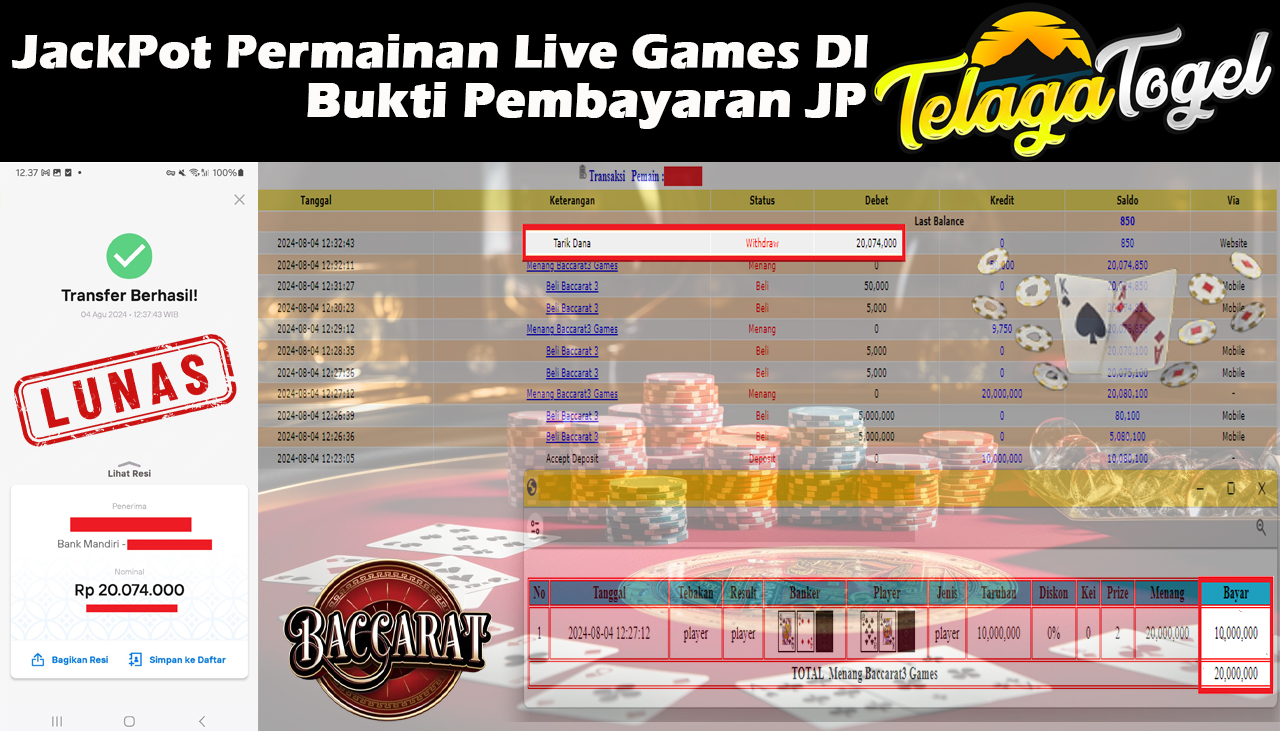 TELAGATOGEL JACKPOT LIVE GAME Baccarat 3 Games Rp20,074,000-  LUNAS