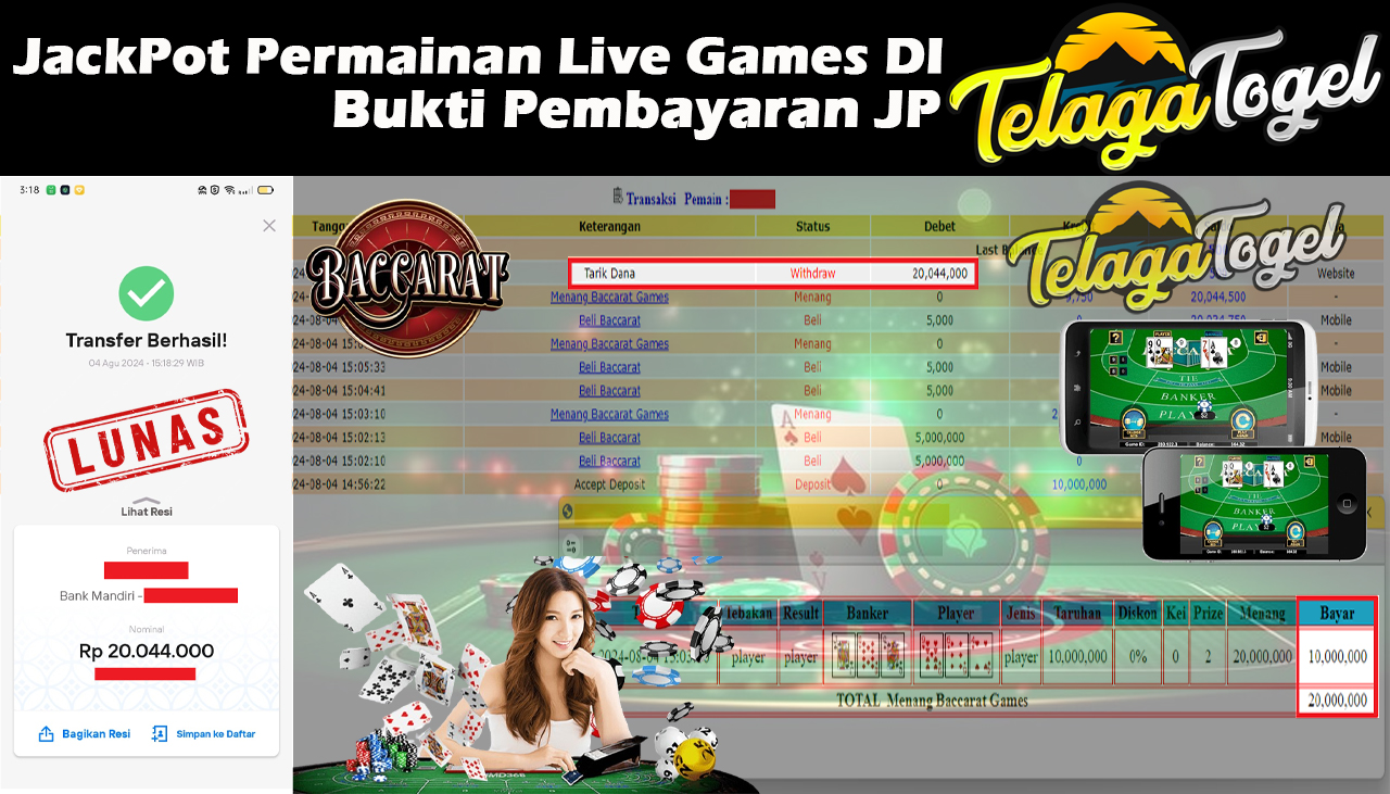 TELAGATOGEL JACKPOT LIVE GAME Baccarat Games Rp 20,044,000,-  LUNAS