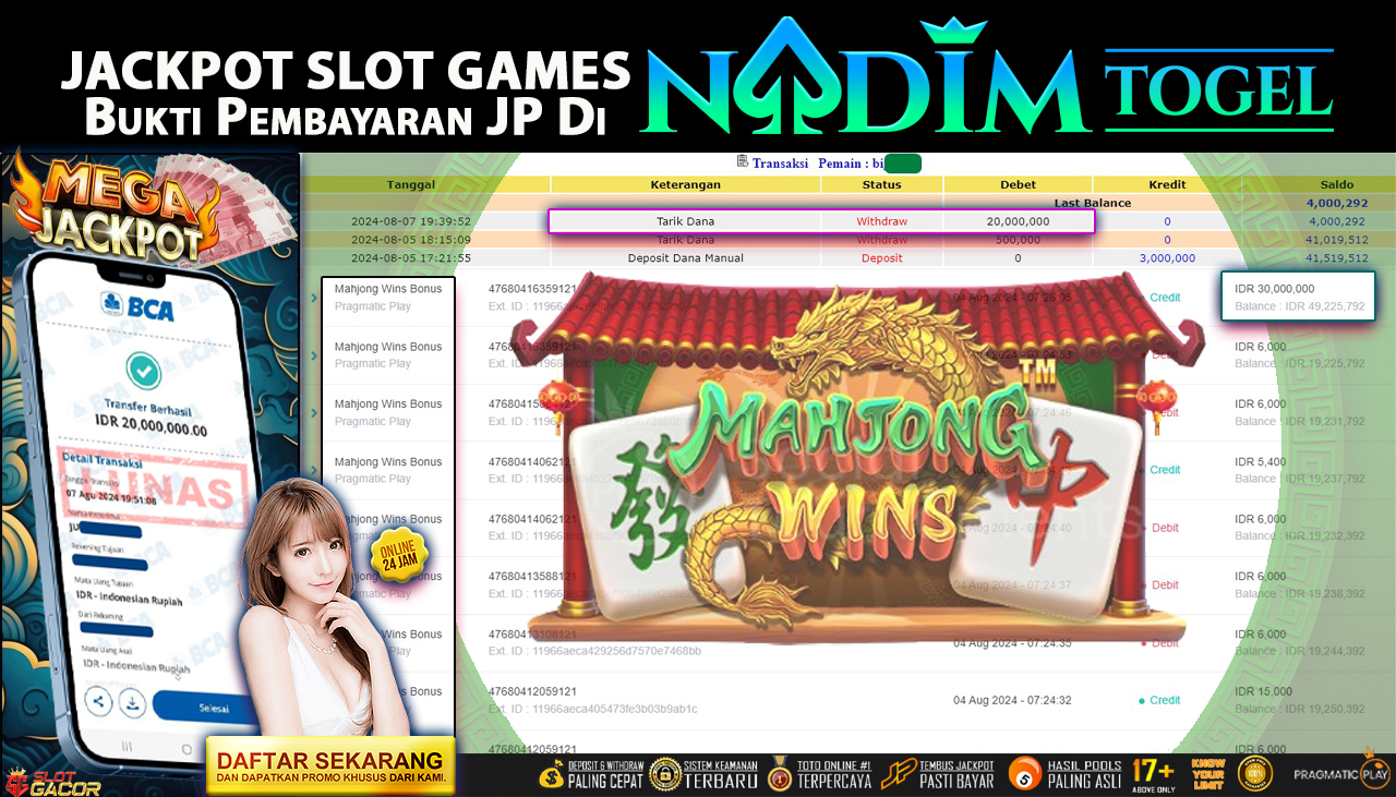 NADIMTOGEL JACKPOT SLOT Mahjong Wins Bonus Rp 20,000,000,- LUNAS