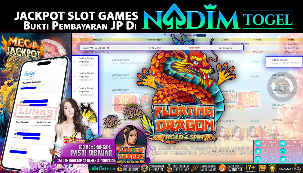NADIMTOGEL JACKPOT Slot Floating Dragons Megaways - Pragmatic Play Rp 32,000,000,-  LUNAS
