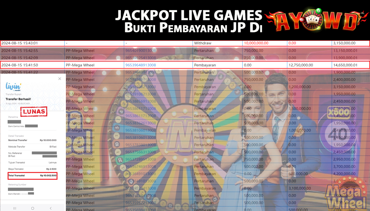 AYOWD JACKPOT LIVE GAME PP-Mega Wheel  Rp 10,000,000 LUNAS
