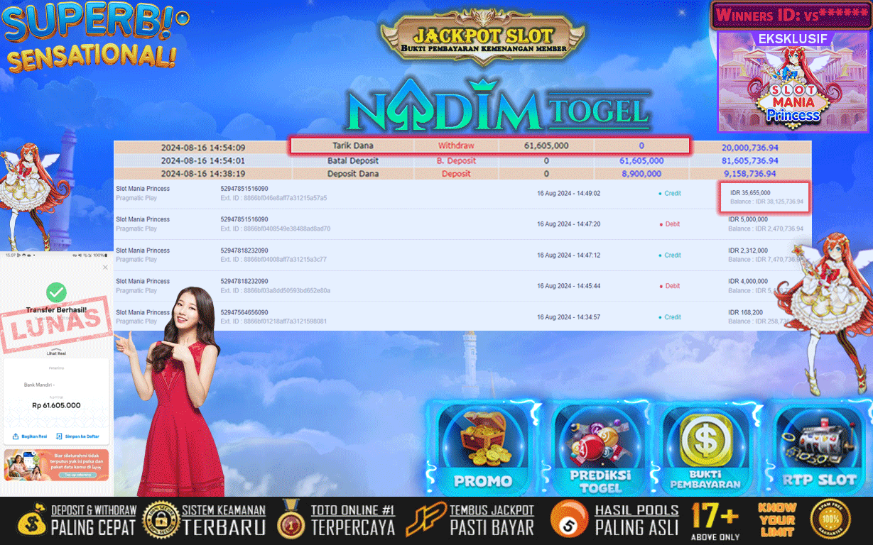 NADIMTOGEL JACKPOT SLOT MANIA PRINCESS Rp.61.605.000,- LUNAS
